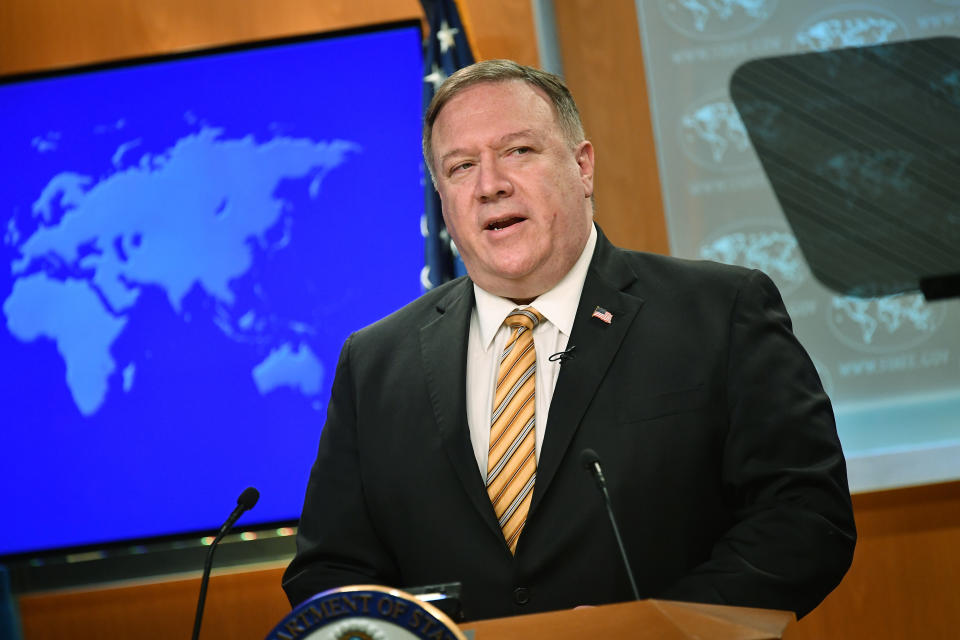 Secretary of State Mike Pompeo speaks during a press conference at the State Department, Wednesday, June 24, 2020 in Washington. (Mandel Ngan/Pool via AP)