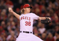 ANAHEIM, CA - MAY 02: Jered Weaver #36 of the Los Angeles Angels of Anaheim pitches against the Minnesota Twins in the sixth inning at Angel Stadium of Anaheim on May 2, 2012 in Anaheim, California. The Angels defeated the Twins 9-0. (Photo by Jeff Gross/Getty Images)