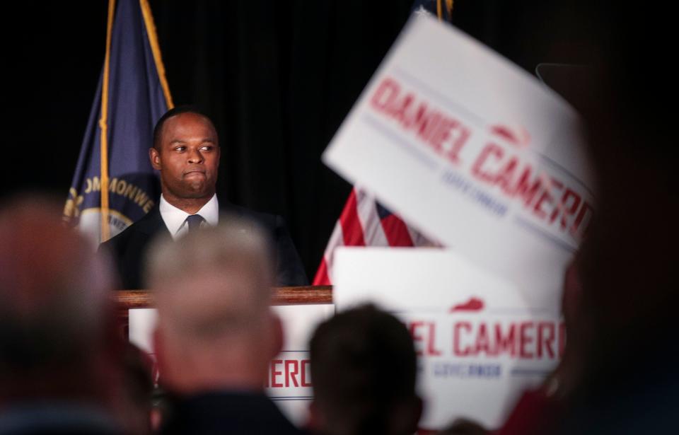Daniel Cameron speaks to a crowd of supporters after winning the Republican primary. May 16, 2023