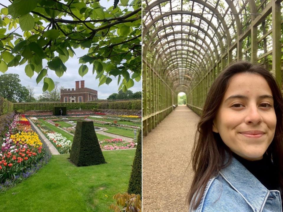 The Sunken Gardens or this plant covered extended pergola would be perfect in "Bridgerton."