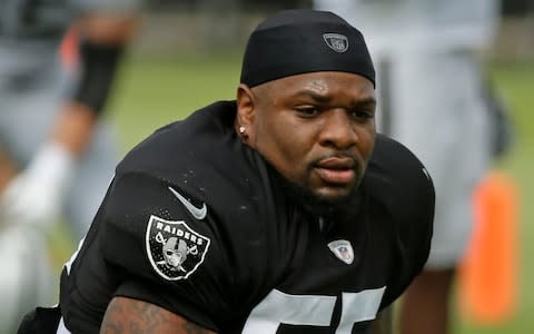 Vontaze Burfict attends NFL football training camp in Napa, Calif. Oakland defensive coordinator Paul Guenther lashed out at the NFL for the severe suspension the league handed Burfict for his latest infraction for a helmet-to-helmet hit - Credit: AP