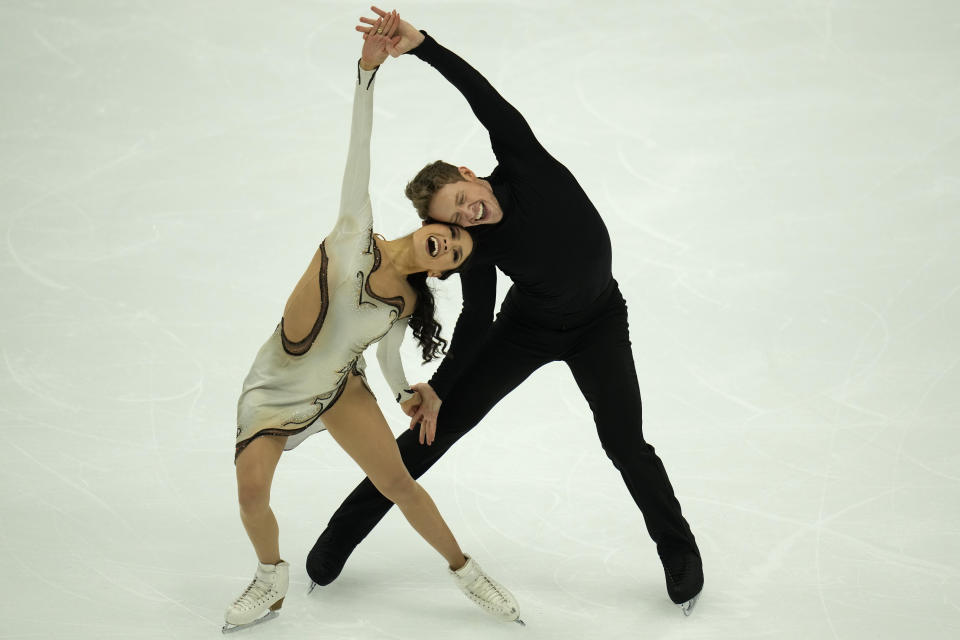 Gold medalists United States Madison Chock and Evan Bates compete in the Ice Dance Final for the ISU Grand Prix of Figure Skating Final held in Beijing, Saturday, Dec. 9, 2023. (AP Photo/Ng Han Guan)