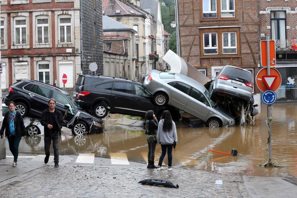Cars piled up at a roundabout in Verviers (AFP/Getty)