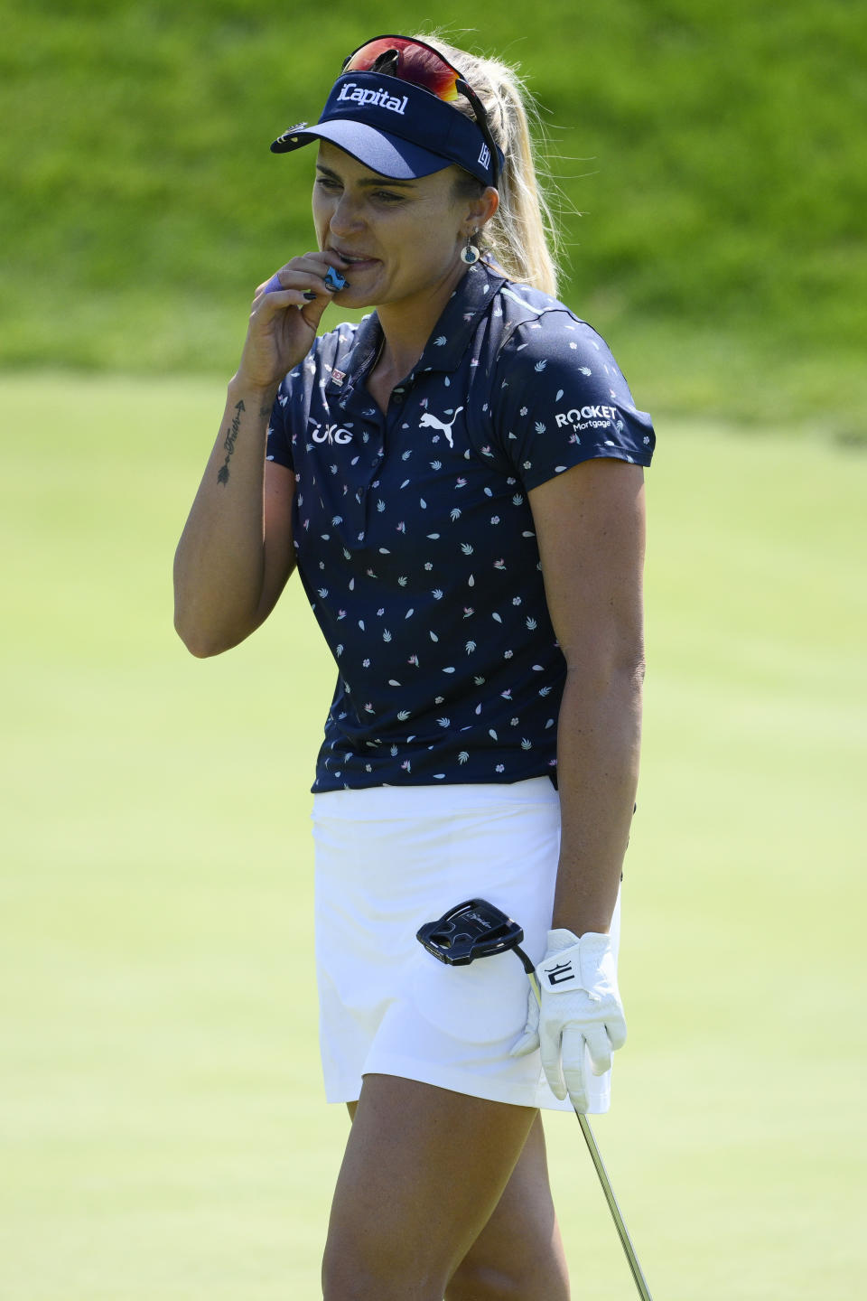 Lexi Thompson reacts to a missed putt on the 17th hole during the final round of play in the KPMG Women's PGA Championship golf tournament at Congressional Country Club, Sunday, June 26, 2022, in Bethesda, Md. (AP Photo/Nick Wass)