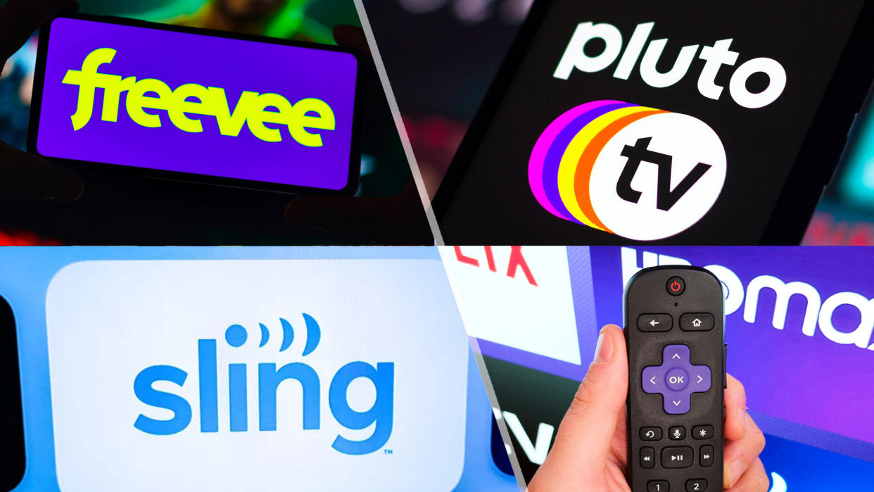  (Clockwise from top right): Pluto TV logo on a phone, a Roku remote in front of a TV, the Sling TV logo and the Freevee logo on a phone 