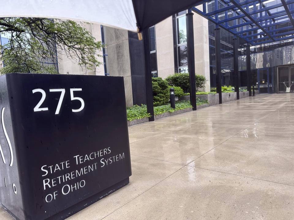 The headquarters of the State Teachers Retirement System of Ohio is pictured on Wednesday, May 15, 2024, in Columbus, Ohio. A battle is under way for the future of Ohio’s $94 billion teacher pension fund, as would-be reformers’ attempts to deliver long-promised benefits to retirees with the help of an aggressive investment firm touting an untested AI-driven trading strategy face intense scrutiny. (AP Photo/Julie Carr Smyth)