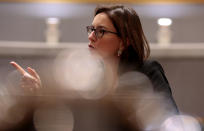 French Junior Minister for European Affairs Amelie de Montchalin speaks during a meeting of EU General Affairs ministers at the European Council building in Brussels, Tuesday, Feb. 25, 2020. European Union ministers are putting the final touches on the mandate that will be the guide for EU negotiator Michel Barnier as he sits own with UK officials to thrash out a free trade deal over the next ten months. (AP Photo/Virginia Mayo)