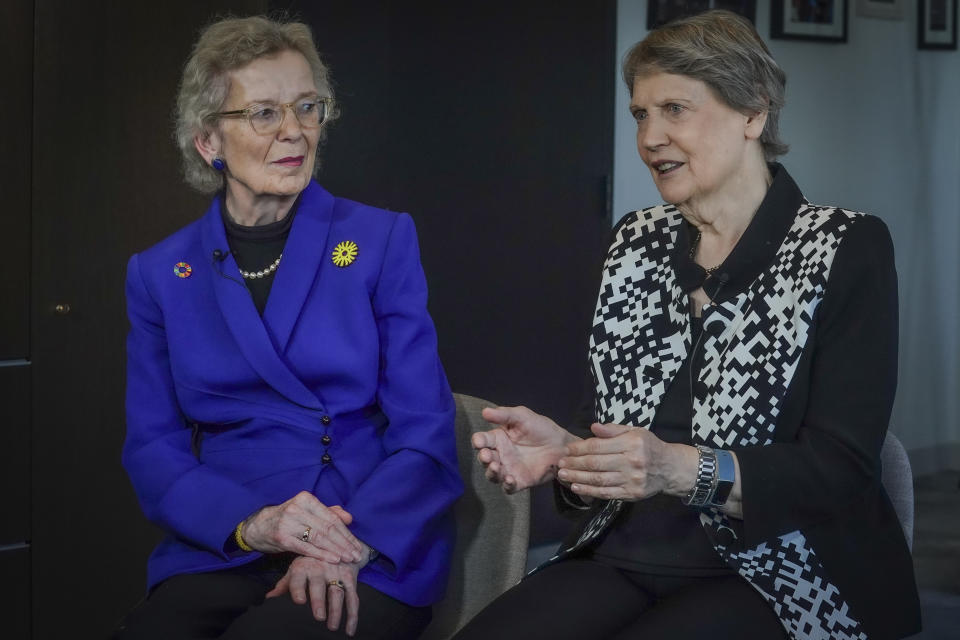 Former Irish President Mary Robinson, left, and former New Zealand Prime Minister Helen Clark, both members of Elders, "an independent group of global leaders working for peace, justice, human rights and a sustainable planet" founded by Nelson Mandela in 2007, hold an interview to discuss the group's progress, Wednesday Sept. 20, 2023, in New York. (AP Photo/Bebeto Matthews)