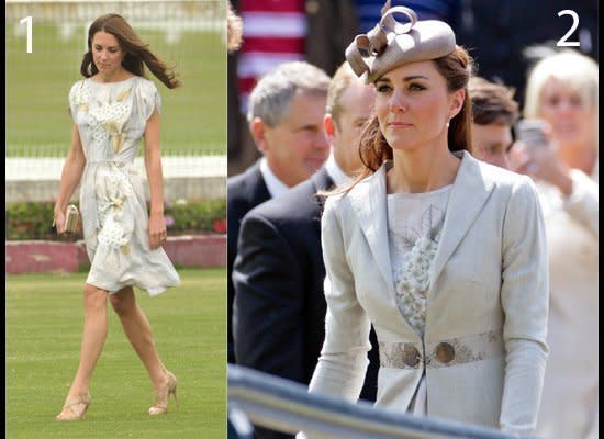 <strong>LOOK 1</strong>: The wedding of Emily McCorquodale and James Hutt on July 7th, 2012, paired with her bronze pillbox hat and a gray Katherine Hoooker coat.    <strong>LOOK 2</strong>: At Kate Middleton and Prince William's Royal Canada & California tour, on July 9, 2011.    (Getty photos)