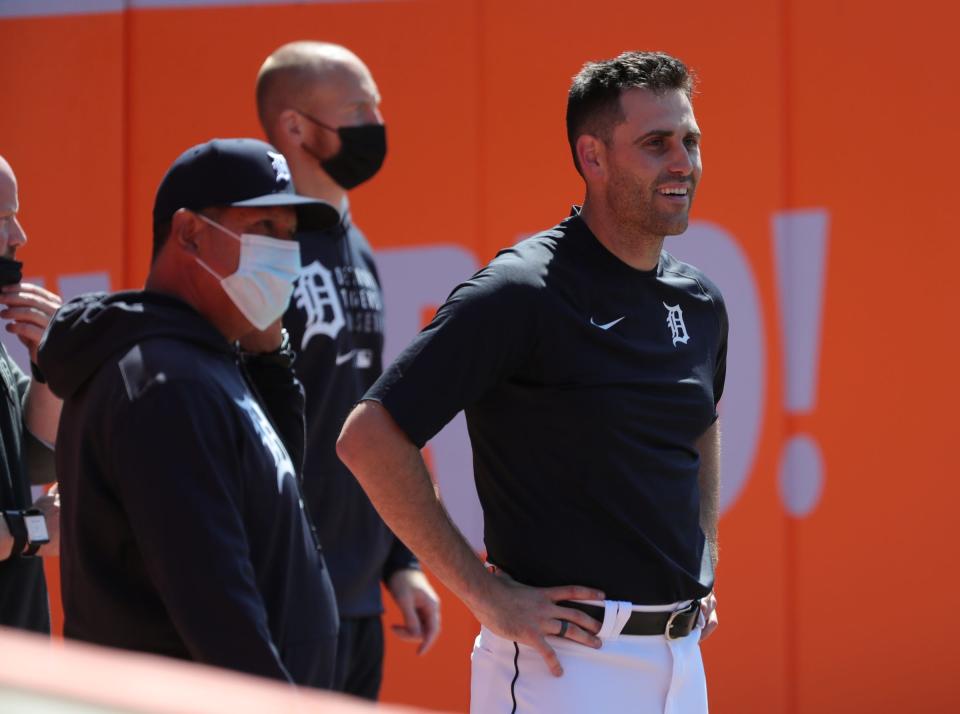 Tigers pitcher Matthew Boyd in the outfield during practice on Wednesday, March 31, 2021, at Comerica Park, a day before Opening Day against the Cleveland Indians.