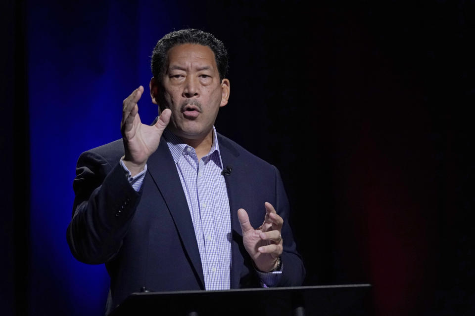 Bruce Harrell speaks Thursday, Oct. 14, 2021, during the first of two debates in Seattle scheduled before the November election for the office of mayor. Harrell is running against Lorena Gonzalez. (AP Photo/Ted S. Warren, Pool)