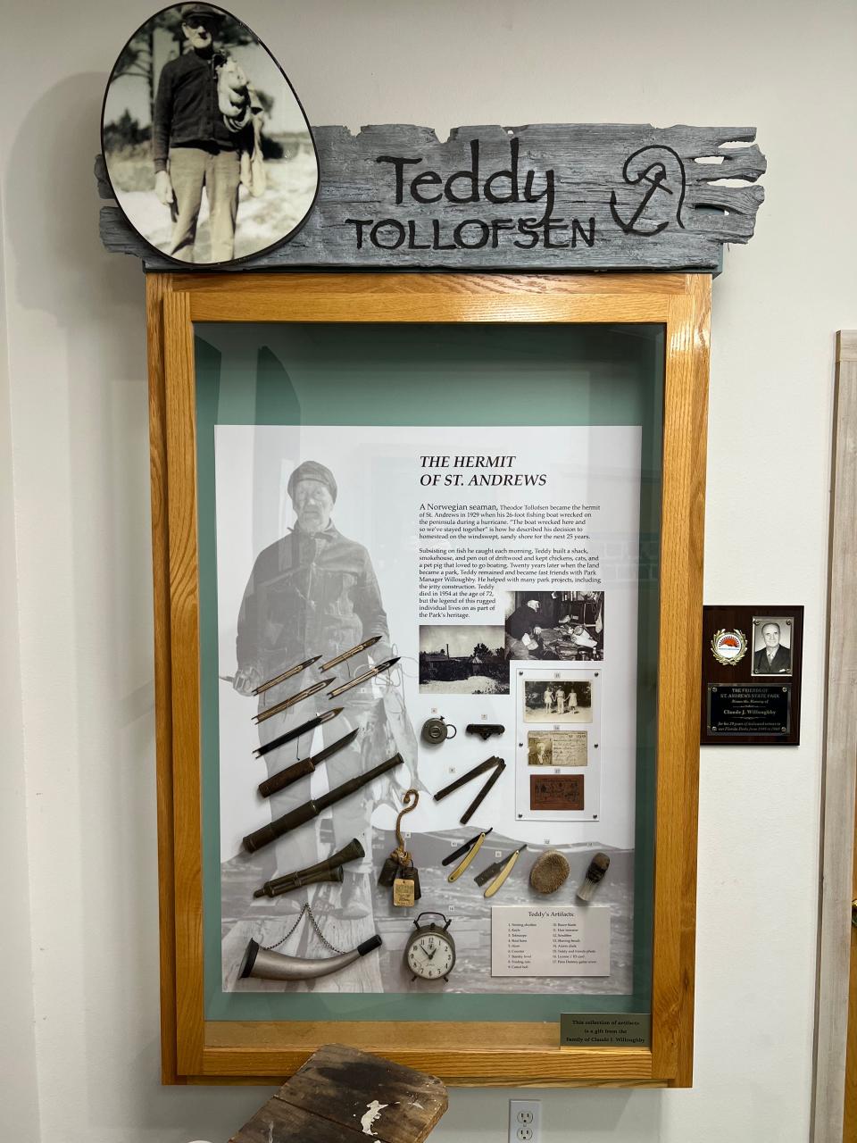 This display of Teddy Tollefsen is at St. Andrews State Park next to a plaque honoring Claude Willoughby, a former superintendent at the park who befriended Tollefsen.