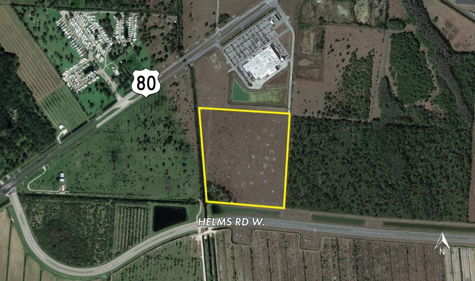 In the Know: Within what's known as the Unbuilt Triangle, Pulte Home Company just purchased 40 acres (shown in yellow box) in the LaBelle area's Helms Road corridor off State Road 80 for $1.5 million. Just above that yellow line is a Walmart. LSI Cos. was the broker.