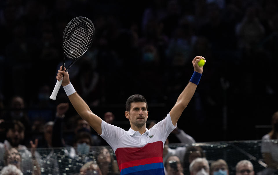 PARIS, FRANCE - NOVEMBER 06: Novak Djokovic of Serbia during his semifinal singles match against Hubert Hurkacz of Poland during day six of the Rolex Paris Masters at AccorHotels Arena on November 06, 2021 in Paris, France.(Photo by Tnani Badreddine/DeFodi Images via Getty Images)