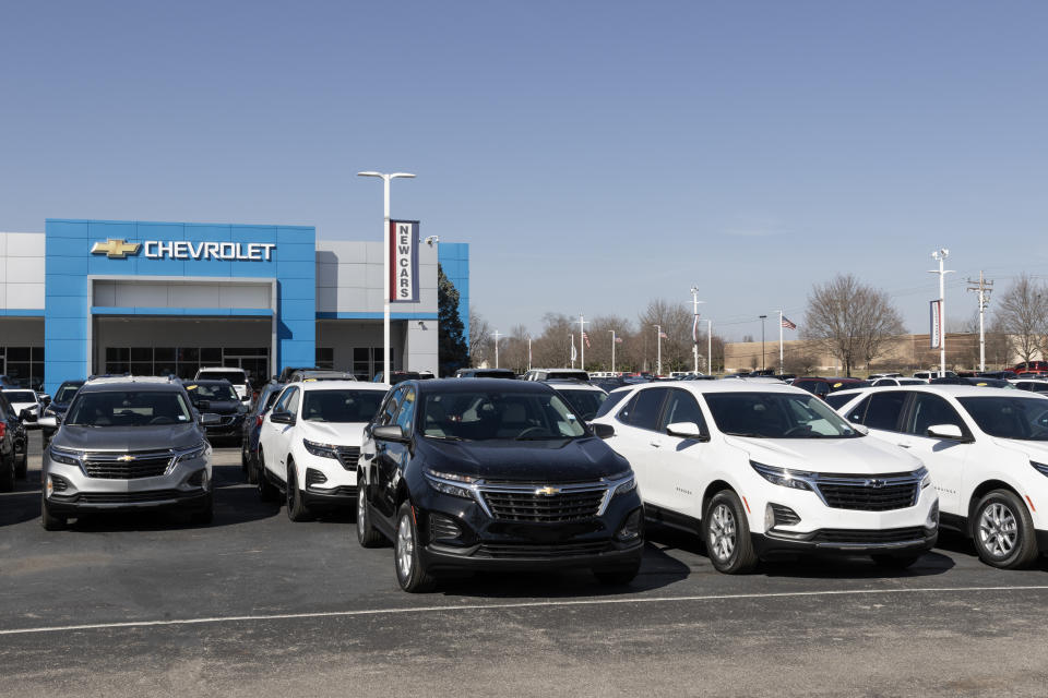 NOBLESVILLE – February 3, 2024: Chevrolet Car, Truck and SUV Dealership.  Chevy offers models like the Silverado, Equinox, Trax, Trailblazer, and Bolt EV.  Photo: Getty. 