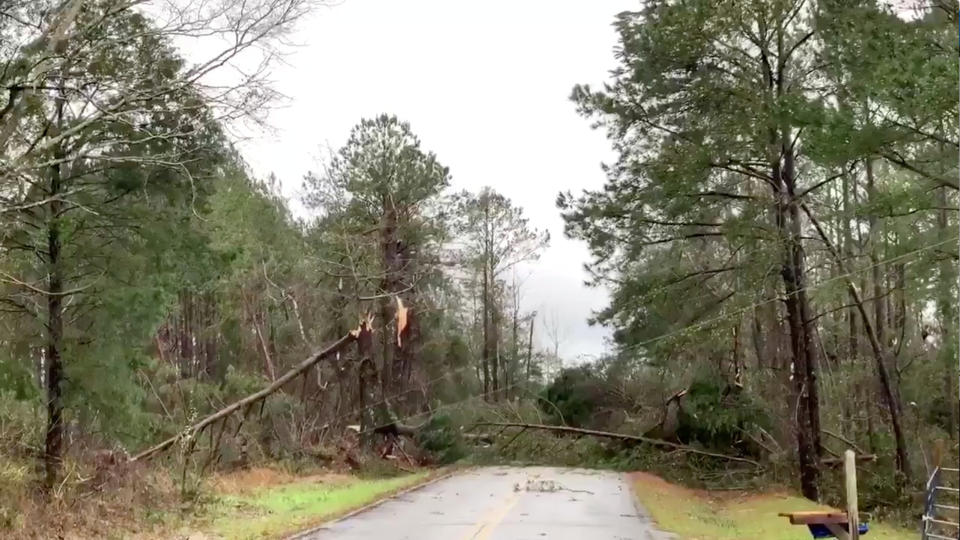 Fallen trees obstruct a road following a tornado in Beauregard, Alabama, U.S. in this March 3, 2019 still image obtained from social media video. (Photo: Scott Fillmer /via Reuters)