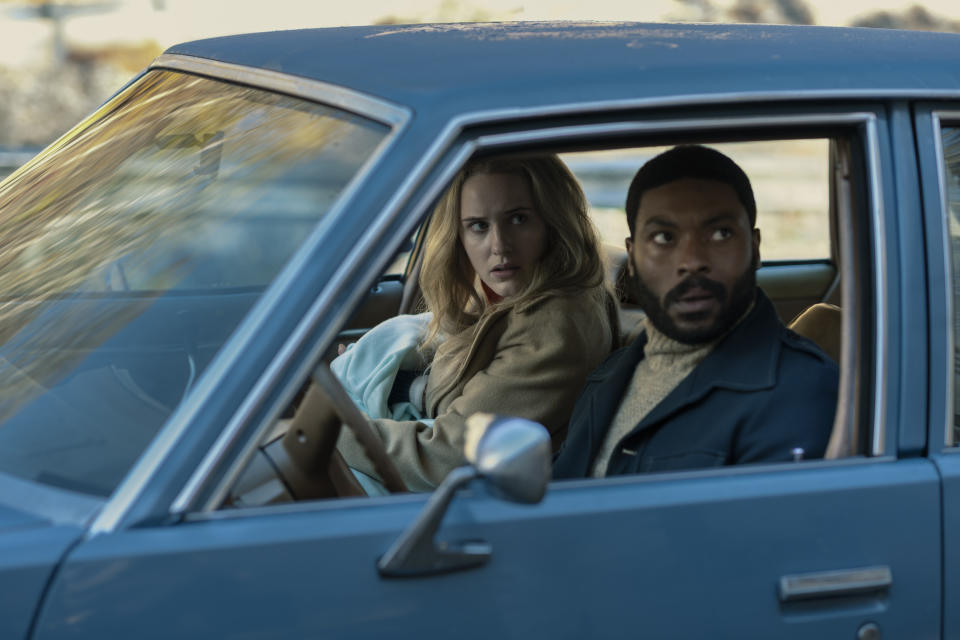 Rachel Brosnahan, left, and Arinze Kene appear in a scene from the film "I'm Your Woman." (Wilson Webb/Amazon Studios via AP)