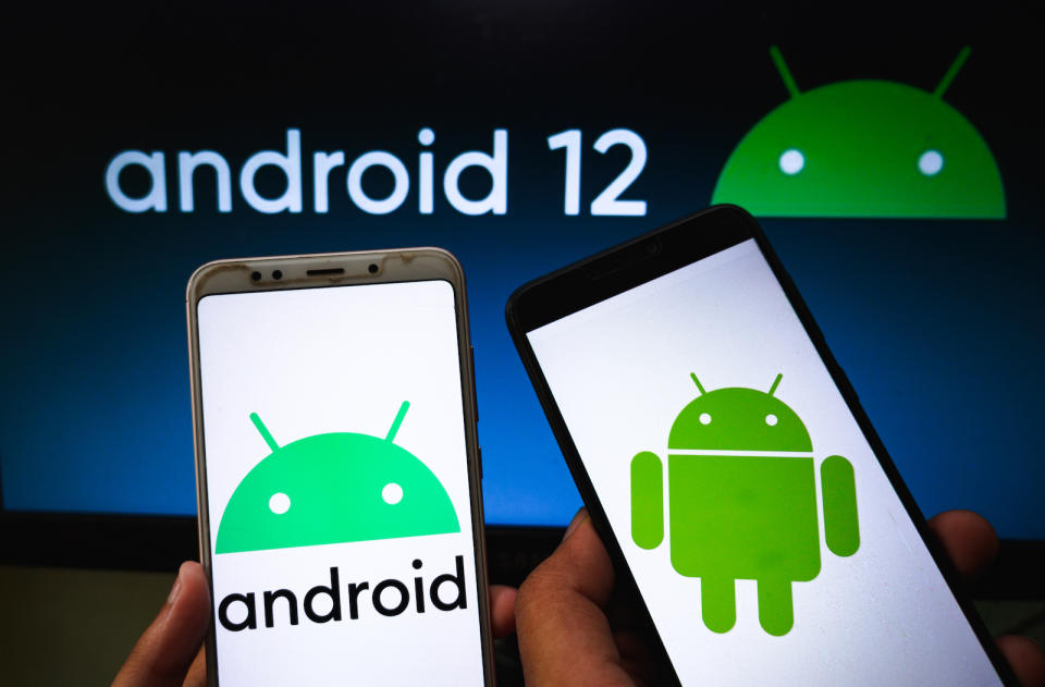 Android logo is seen displayed on a phone screen in this illustration photo taken in Tehatta, West Bengal, India on April 27, 2021. Google has announced the latest iteration of Android, Android 12. Two preview versions of Android 12 have already been released with a third one likely to be launched soon. Android 12 update will also increase the efficiency in video and image compression which helps in saving data.  (Photo by Soumyabrata Roy/NurPhoto via Getty Images)