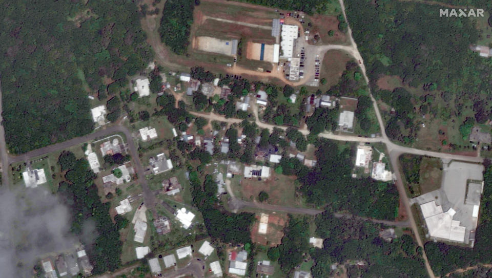 This satellite image provided by Maxar Technologies shows an area in Dededo, Guam, Saturday, May 20, 2023, before Typhoon Mawar tore through the remote U.S. Pacific territory. (Maxar Technologies via AP)