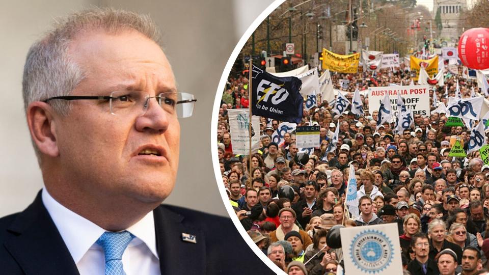 Scott Morrison has announced industrial relations reform. The last time a federal government tried wholesale workplace reform it triggered rallies against it. Images: Getty