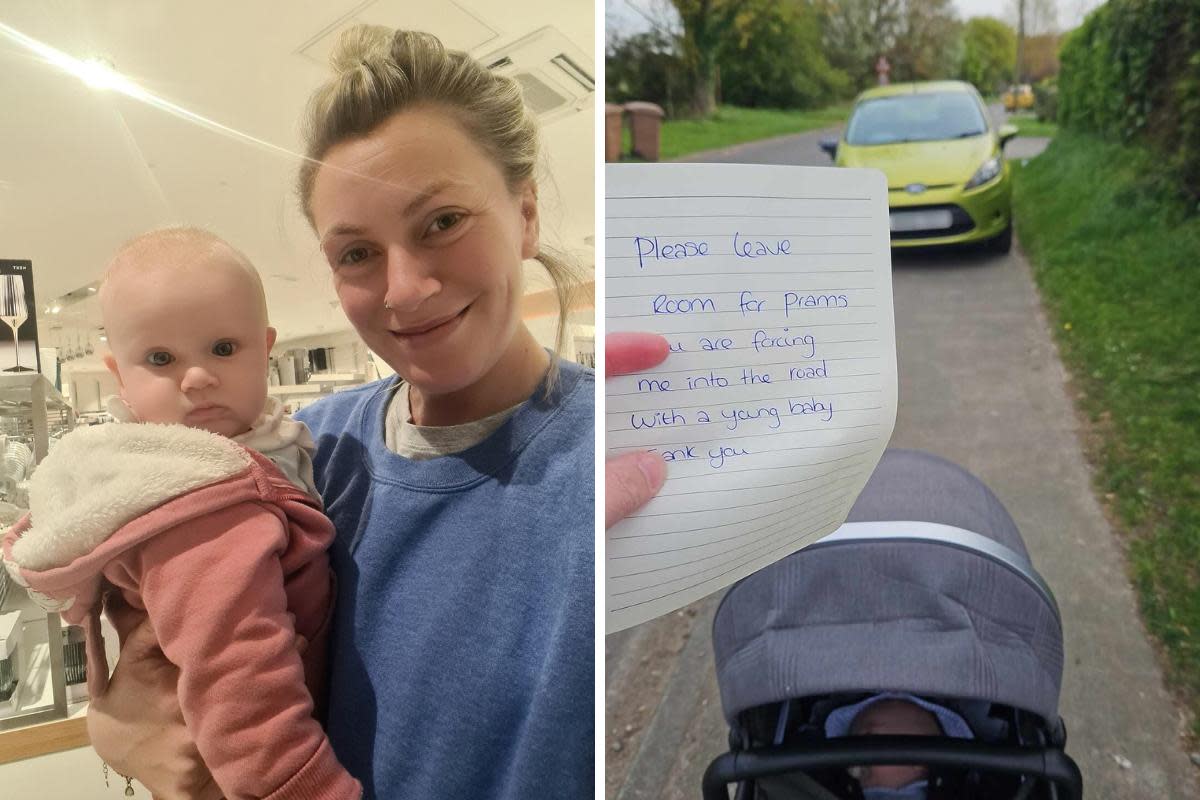 Mum Louise Brown from Essex has been leaving notes asking drivers to stop parking on the pavements around her home <i>(Image: SWNS)</i>