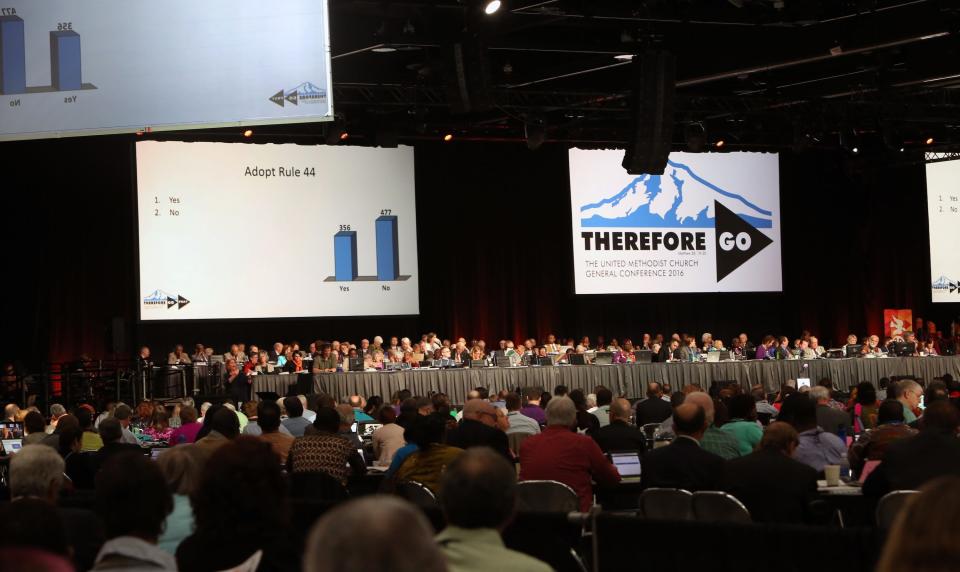 The UMC General Conference in 2016 in Portland, Oregon, which was the last time the denomination's top legislative assembly convened for a regular session. The general conference is set to gather in Charlotte starting April 22, 2024.