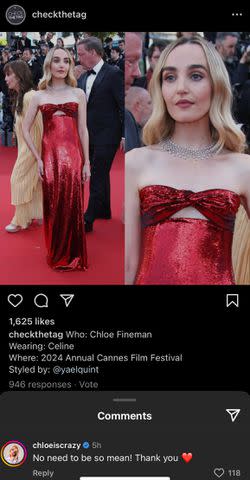 <p>Daniele Venturelli/WireImage</p> Chloe Fineman responds to negative comments regarding her outfit at the Cannes red carpet premiere of 'Megalopolis'