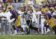 LSU defensive end Andre Anthony (3) returns a Central Michigan fumble for a touchdown during the first quarter of an NCAA college football game in Baton Rouge, La,. Saturday, Sept. 18, 2021. (AP Photo/Derick Hingle)