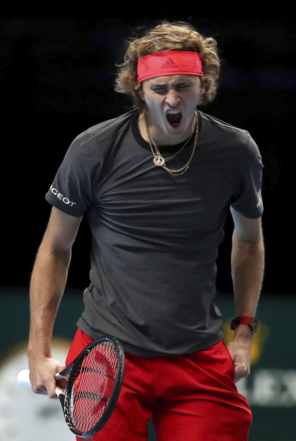 Alexander Zverev reacts during his match against Croatia's Marin Cilic during the ATP Men's Singles Final, at The O2 Arena in London, Monday Nov. 12, 2018. Cilic made 46 unforced errors as he gave up a break advantage in both sets in losing to Alexander Zverev on Monday. (Adam Davy/PA via AP)