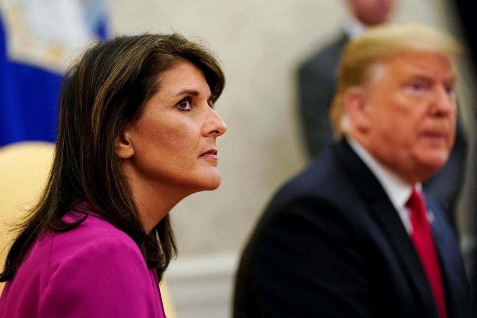 U.S. President Donald Trump meets with U.N. Ambassador Nikki Haley in the Oval Office of the White House after it was announced the president had accepted the Haley's resignation in Washington. (REUTERS)
