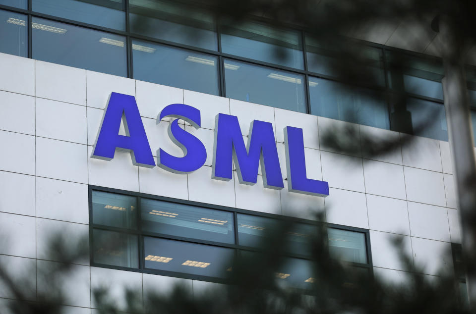 The ASML Holding logo can be seen at the company's headquarters in Eindhoven, the Netherlands.