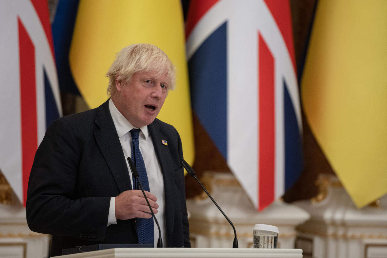 KYIV, UKRAINE - AUGUST 24:  British Prime Minister Boris Johnson speaks as he and Ukrainian President Volodymyr Zelensky (not pictured) give a press conference on August 24, 2022 in Kyiv, Ukraine. The British prime minister, who leaves office next month, visited the Ukrainian capital as the country commemorated its 1991 independence from the Soviet Union. This year, August 24 also marks six months since the start of Russia's large-scale invasion of the country. (Photo by Alexey Furman/Getty Images)