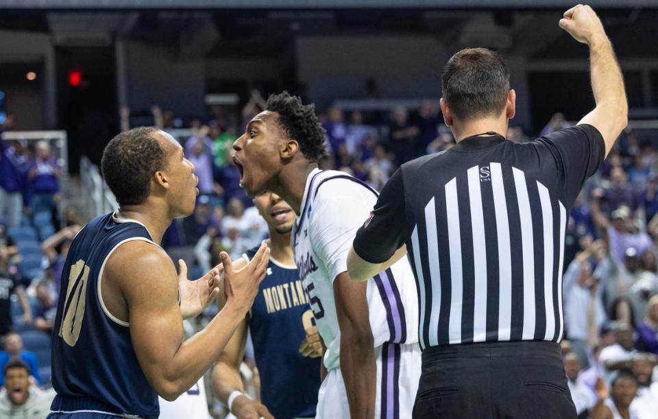 Kansas State’s Nae’Qwan Tomlin lets out a yell after Montana State committed an intentional foul during the second half of their first round NCAA Tournament game in Greensboro, NC on Friday night.