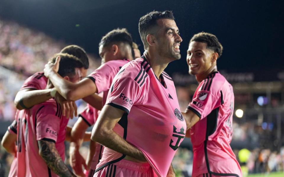 Inter Miami midfielder Sergio Busquets (5) reacts after scoring a goal against Nashville SC in the first half of their MLS match at Chase Stadium on Saturday, April 20, 2024, in Fort Lauderdale, Fla.