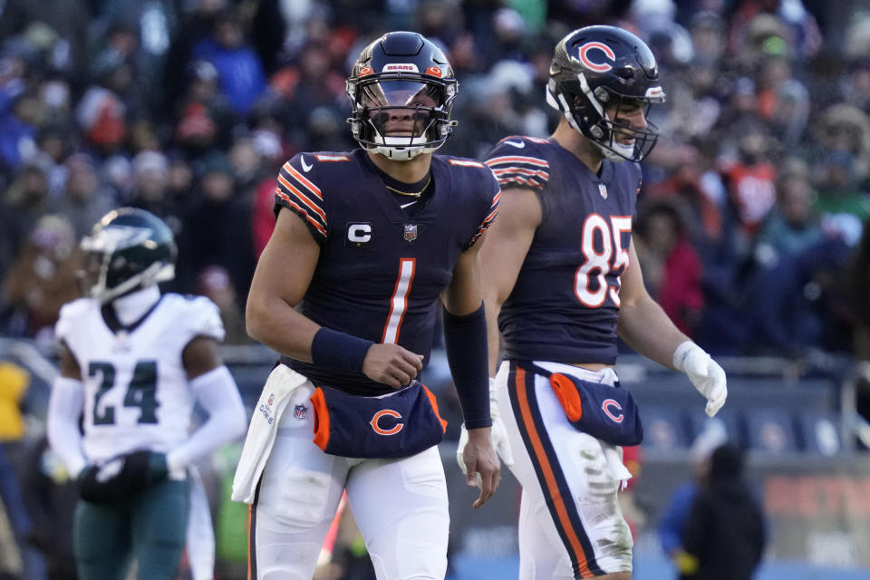 Chicago Bears' Justin Fields reacts after an incompletion during the second half of an NFL football game against the Philadelphia Eagles, Sunday, Dec. 18, 2022, in Chicago. (AP Photo/Nam Y. Huh)