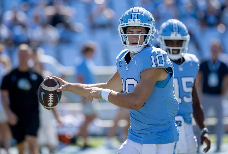 North Carolina quarterback Drake Maye (10) warms up for the Tar Heels’ game against Minnesota on Saturday, September 16, 2023 at Kenan Stadium in Chapel Hill N.C.