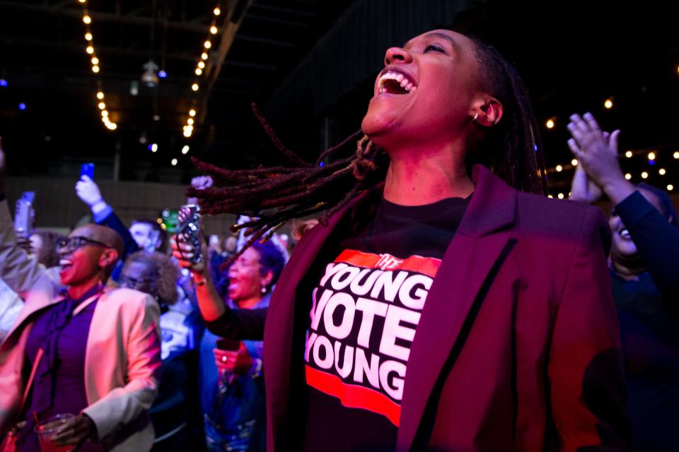 Renee Sekander jumps up and down and smiles as Paul Young walks onto the stage after he was declared the victor in the mayoral election during a watch party at Minglewood Hall in Memphis, Tenn., on Thursday, October 5, 2023.