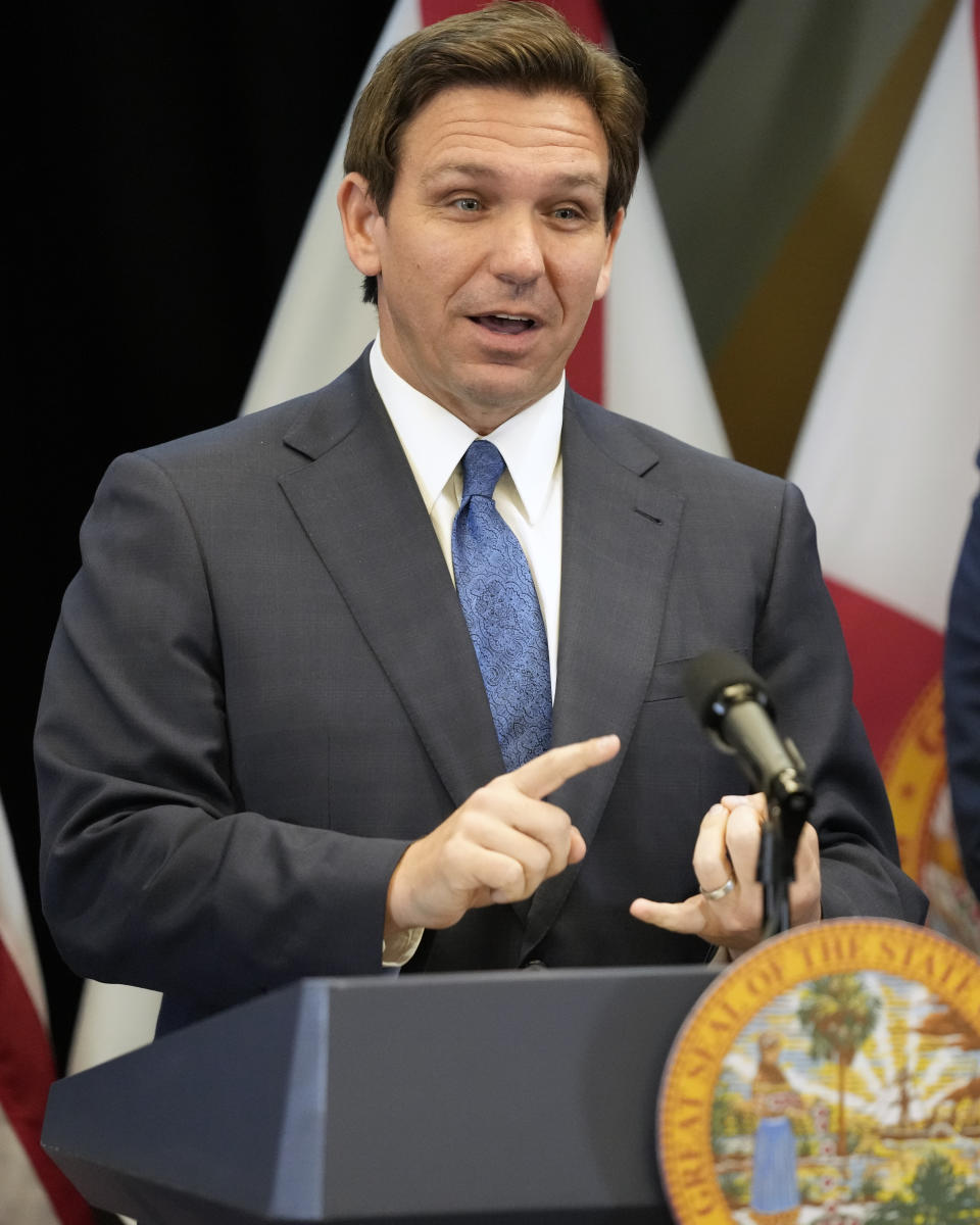 Florida Gov. Ron DeSantis speaks at a news conference at the Reedy Creek Administration Building Monday, April 17, 2023, in Lake Buena Vista, Fla. DeSantis and Florida lawmakers ratcheted up pressure on Walt Disney World on Monday by announcing legislation that will use the regulatory powers of Florida government to exert unprecedented oversight on the park resort's rides and monorail. (AP Photo/John Raoux)