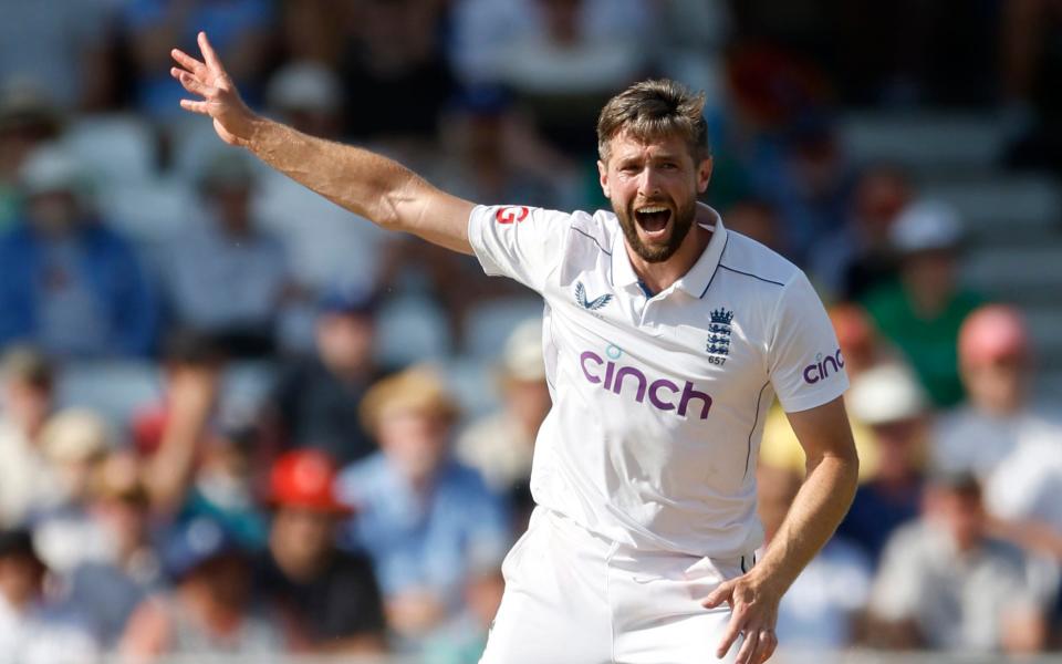 England's Chris Woakes unsuccessfully appeals to an umpire on the second day of the second Rothesay Test match at Trent Bridge, Nottingham