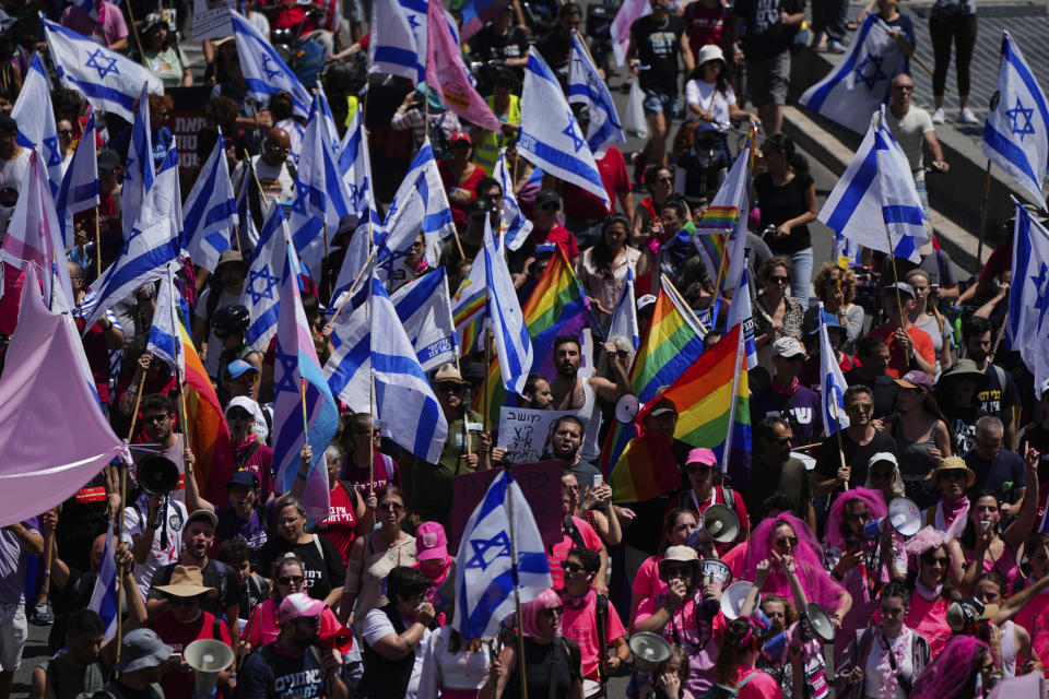 Israelis protest against plans by Prime Minister Benjamin Netanyahu's government to overhaul the judicial system, in Tel Aviv, Israel, Thursday, May 4, 2023. (AP Photo/Ariel Schalit)