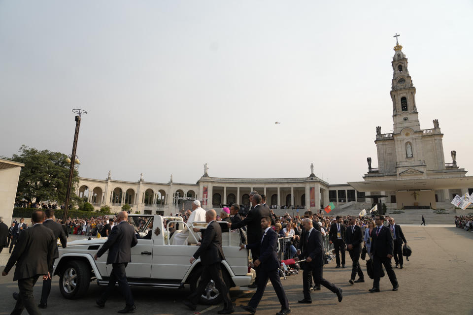 Pope Francis arrives at the Catholic holy shrine of Fatima, in central Portugal, to pray the rosary with sick young people, Saturday, Aug. 5, 2023. Francis is in Portugal through the weekend to preside over the 37th World Youth Day, a jamboree that St. John Paul II launched in the 1980s to encourage young Catholics in their faith. (AP Photo/Gregorio Borgia)