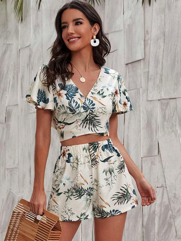 Floral And Tropical Print Crop Wrap Top With Shorts. Image via Shein.