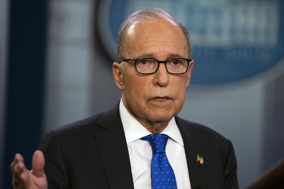 White House chief economic adviser Larry Kudlow talks to reporters at the White House, Friday, March 6, 2020, in Washington. (AP Photo/Evan Vucci)   