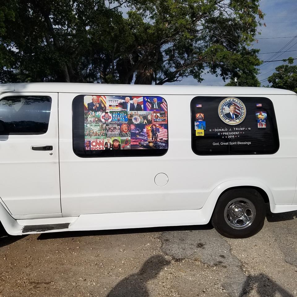 A van used by Sayoc,&nbsp;covered in stickers supporting President Donald Trump and criticizing Democratic officials. (Photo: K. White)