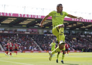 Manchester United's Casemiro celebrates scoring their side's first goal of the game during the English Premier League soccer match between Manchester United and Bournemouth at the Vitality Stadium, Bournemouth, Saturday May 20, 2023. (Adam Davy/PA via AP)
