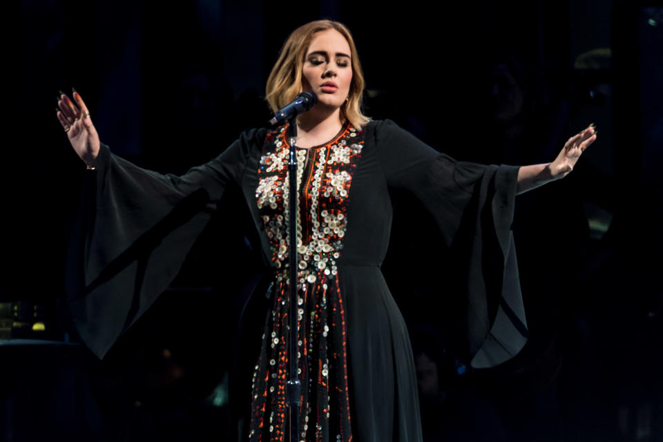 Adele performs on the Pyramid Stage during Glastonbury Festival 2016