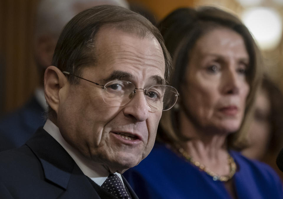 FILE - In this March 7, 2019, file photo, House Judiciary Committee Chairman Jerrold Nadler, D-N.Y., and Speaker of the House Nancy Pelosi, D-Calif., speak to reporters at the Capitol in Washington. The House Judiciary Committee is moving to the forefront of President Donald Trump’s impeachment, starting with a hearing Wednesday, Dec. 4 to examine the “high crimes and misdemeanors” set out in the Constitution. (AP Photo/J. Scott Applewhite, File)