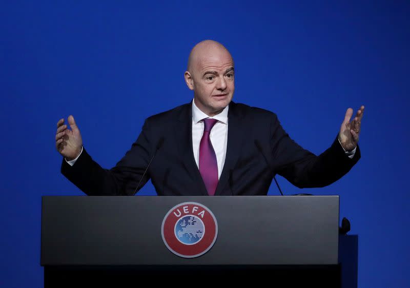 FILE PHOTO: FIFA President Gianni Infantino gestures during a UEFA Congress