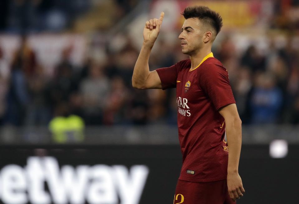 Roma forward Stephan El Shaarawy celebrates after scoring his side's fourth goal during a Serie A soccer match between Roma and Sampdoria, at the Rome Olympic stadium, Sunday, Nov. 11, 2018. (AP Photo/Alessandra Tarantino)