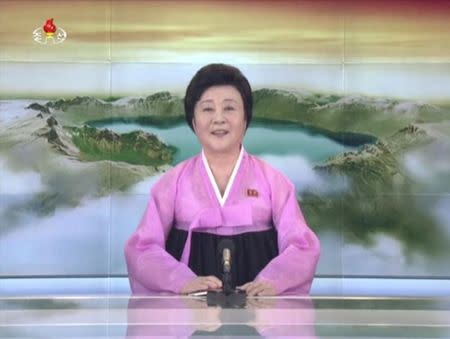 A presenter makes a special announcement on North Korea's state-run television after the country launched a missile, in this still image taken from a video released by KRT, November 29, 2017. KRT/Handout via REUTERS